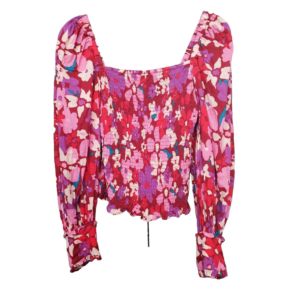 Free People Anthropologie Ariana Puff Sleeve Pink Floral Smocked Top Size Small